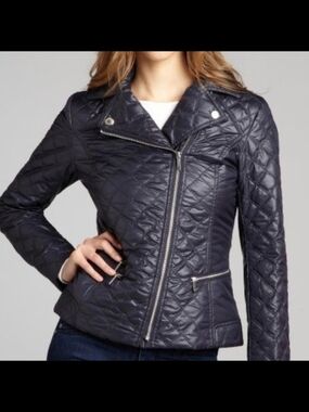 Laundry By Shelli Segal Quilted Navy Bomber Moto Jacket
